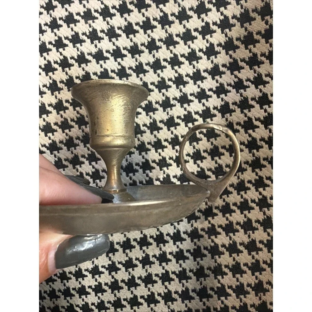 Vintage Chamberstick Candle Holder Metal Finger Loop Handle Aged Patina 3.5